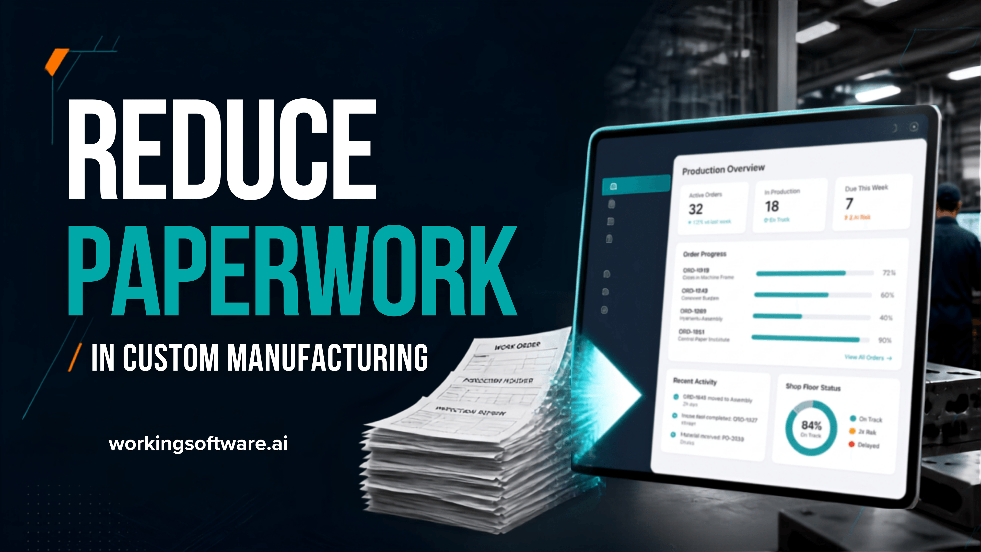 Title card reading “Reduce Paperwork in Custom Manufacturing”, with a stack of handwritten work orders beside a tablet showing a production overview dashboard.