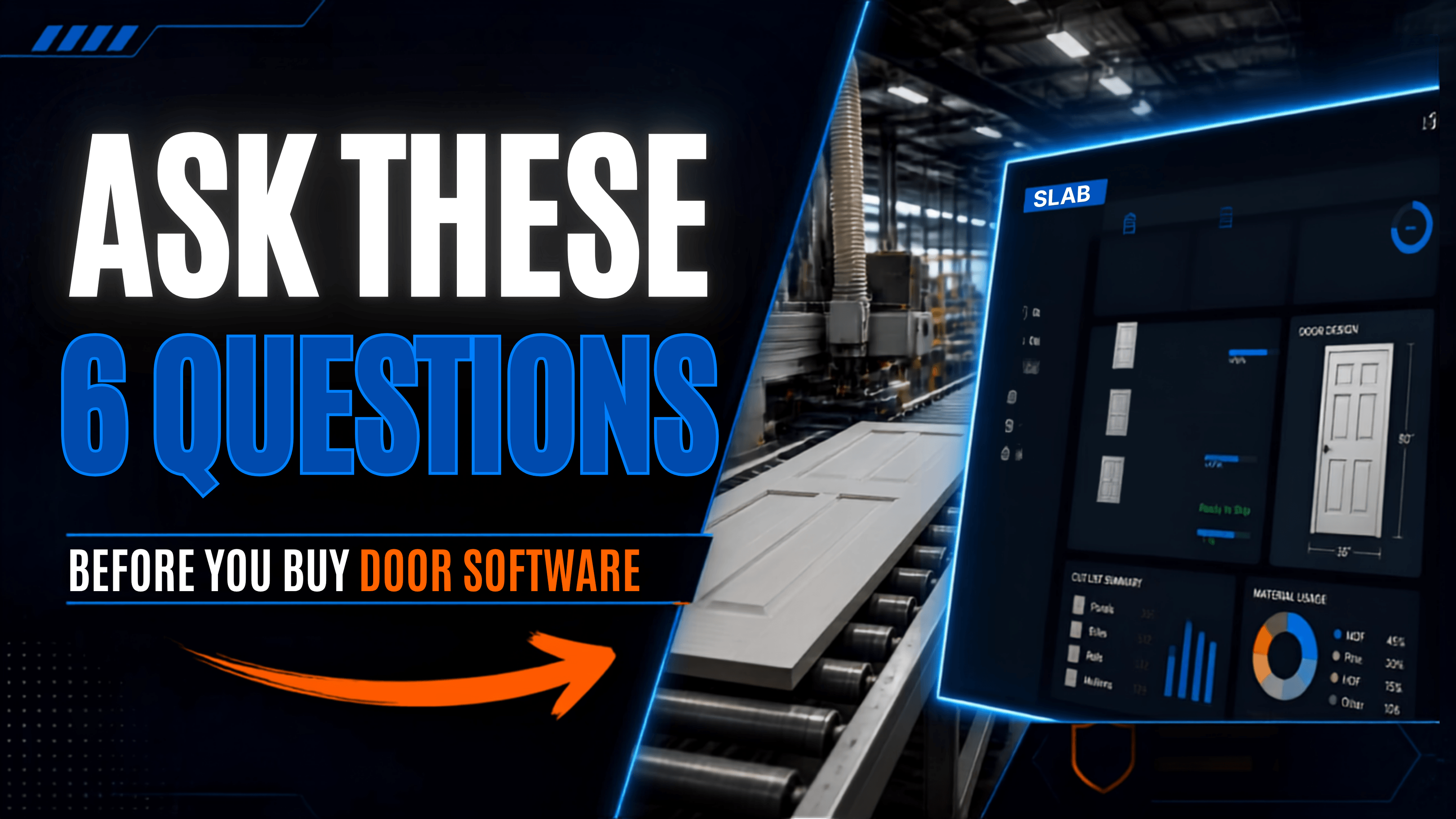 Title card reading “Ask These 6 Questions Before You Buy Door Software”, beside a door blank on a production conveyor and a Slab dashboard.
