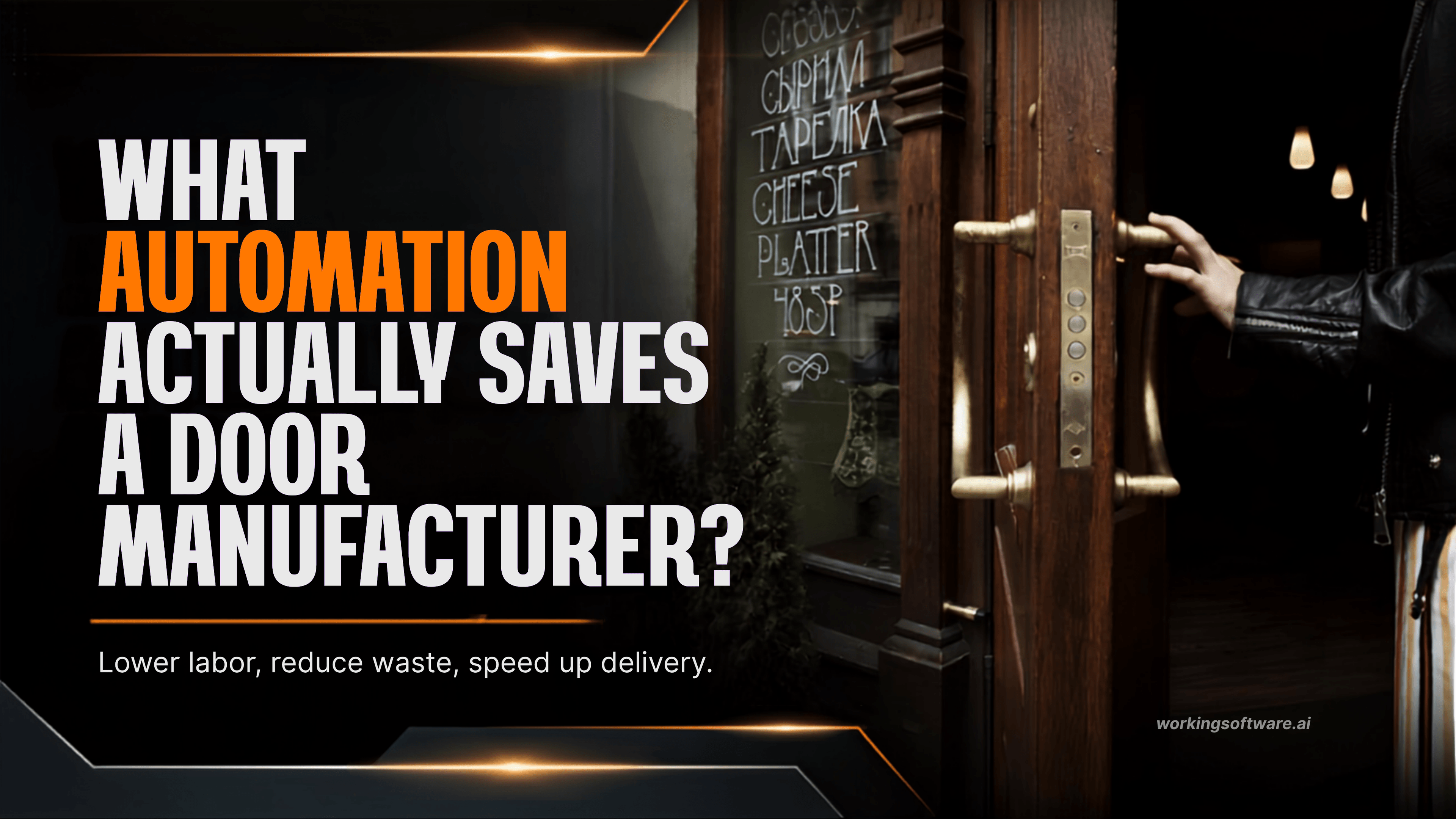 Title card reading “What Automation Actually Saves a Door Manufacturer — lower labor, reduce waste, speed up delivery”, over a photograph of a heavy timber door being pulled open.