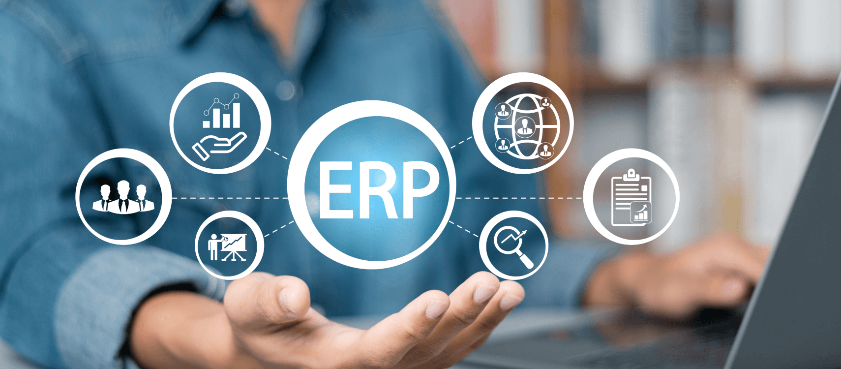 A person holding out a hand beneath the letters ERP, ringed by icons for reporting, people, planning, global collaboration and documents.